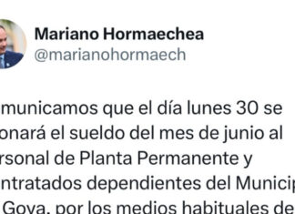 Municipalidad de Goya abonará este Lunes el sueldo mes de Junio