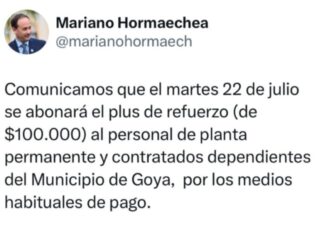 La Municipalidad de Goya abonará el Plus de Refuerzo para contratados y planta permanente