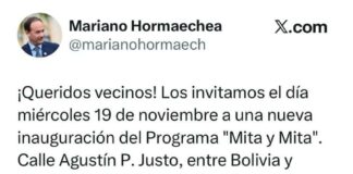 El Intendente invita a una nueva inauguración de obra del “Mita y Mita”